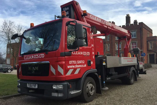An example of 33m lorry mounted cherry picker hire in Kent by CLEAN CCS LTD