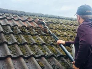 Roof cleaning, removing moss and lichen, ready for a biocide treatment by CLEAN CCS