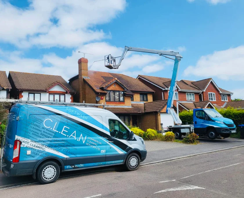 An example of residential roof cleaning, using a steam clean method and cherry picker for access, completed by Clean CCS Ltd